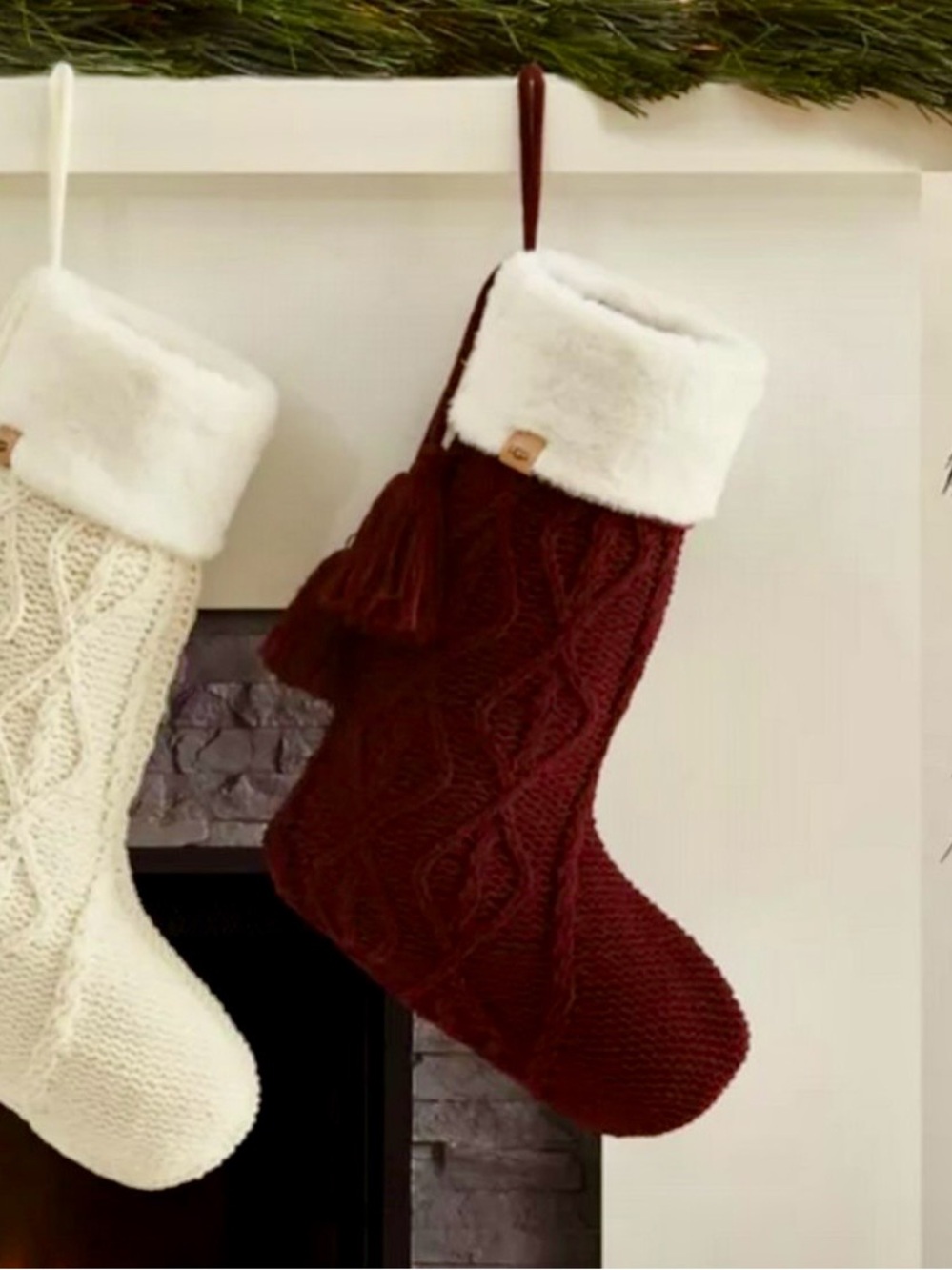 NEW Burgundy Plum UGG Knit Stocking with White Fizzy Trim & 2 Tassels for Xmas